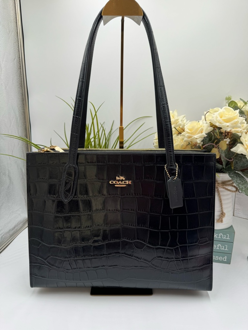 Coach Smith Tote in Black Crocodile-Embossed Leather – Fits 13" Laptop